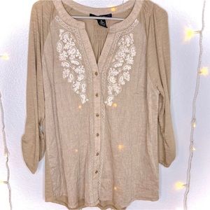 Embroidered Beige Button-Up Top